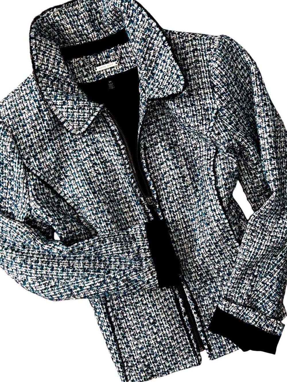 WHITE HOUSE BLACK MARKET Womens (10) Teal/Multi Tweed Zip-Up Shirt Jacket